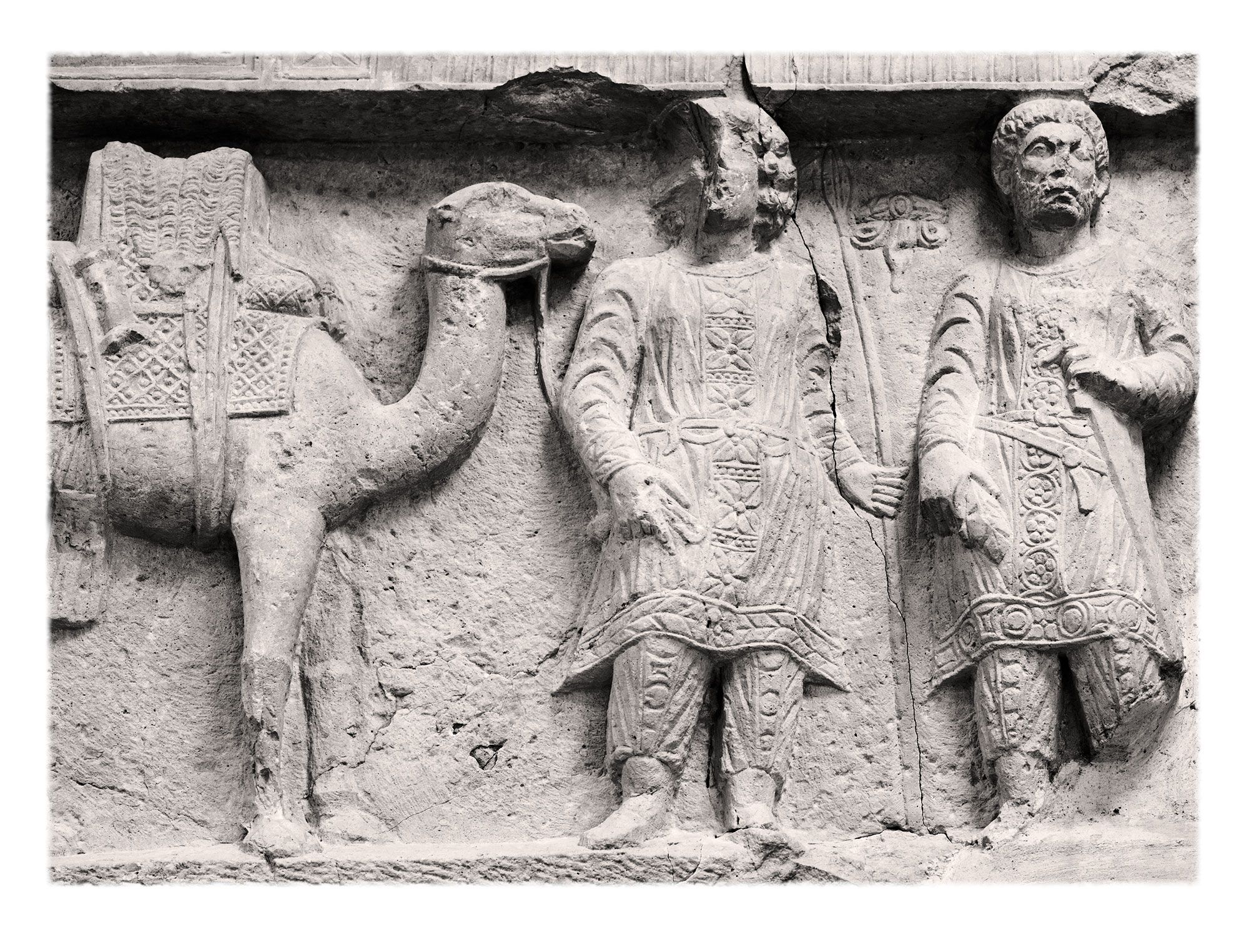 Palmyra earned its wealth through caravan trade between the Euphrates River (hence Persia, India and China) and the Mediterranean West (specifically, Egypt, Rome and, later, Byzantium). Note the Parthian dress of the two men.