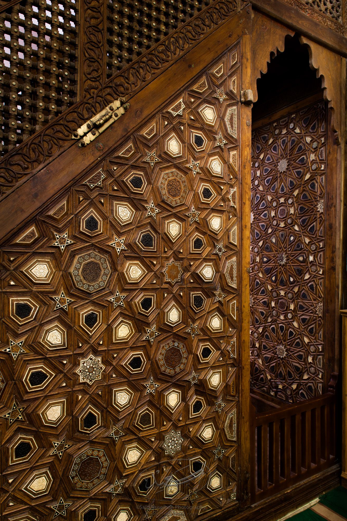 "Minbar, West Side #1"	  The late-13th / early-14th c. Mamluk minbar, or pulpit, of Sultan al-Nasir Muhammad, the ninth Mamluk Sultan from Cairo and son of Qalawun. The minbar was located in the Umayyad Mosque in Aleppo, Haleb, prior to its damage and disappearance in May 2013.