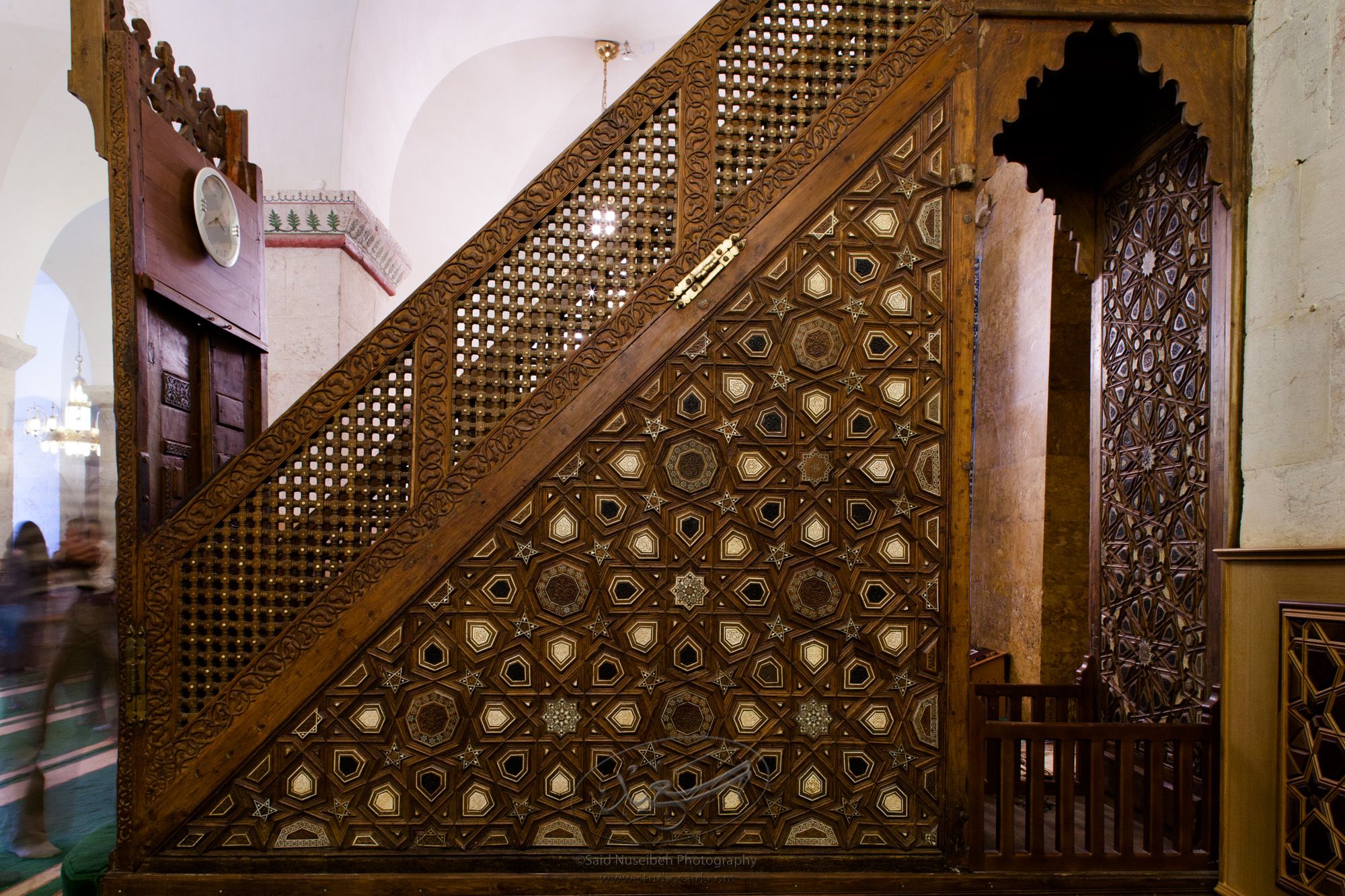 "Minbar, West Side #2"   The late-13th / early-14th c. Mamluk minbar, or pulpit, of Sultan al-Nasir Muhammad, the ninth Mamluk Sultan from Cairo and son of Qalawun. The minbar was located in the Umayyad Mosque in Aleppo, Haleb, prior to its damage and disappearance in May 2013.