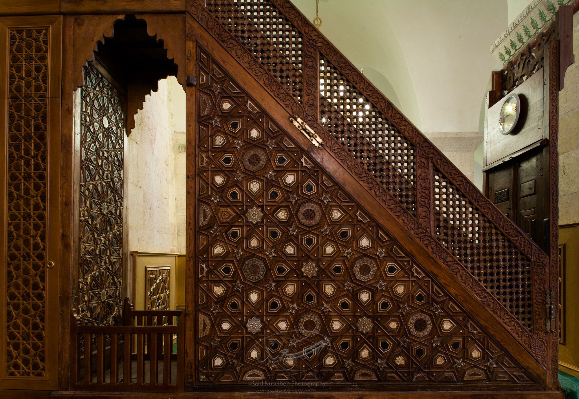 "Minbar, East Side #1"       The late-13th / early-14th c. Mamluk minbar, or pulpit, of Sultan al-Nasir Muhammad, the ninth Mamluk Sultan from Cairo and son of Qalawun. The minbar was located in the Umayyad Mosque in Aleppo, Haleb, prior to its damage and disappearance in May 2013.