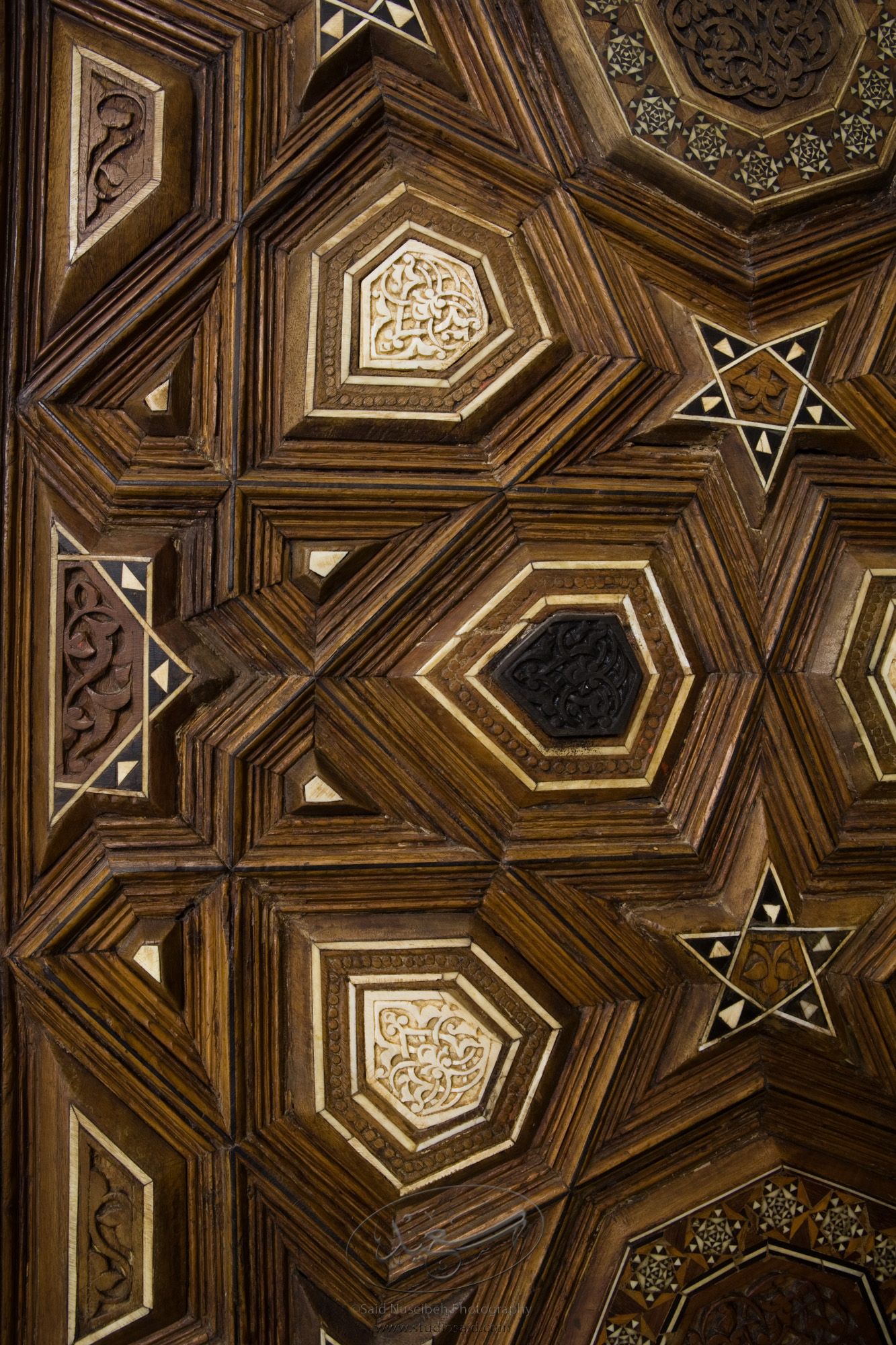 "Minbar, Carved Woodwork and Inlay Detail"The late-13th / early-14th c. Mamluk minbar, or pulpit, of Sultan al-Nasir Muhammad, the ninth Mamluk Sultan from Cairo and son of Qalawun. The minbar was located in the Umayyad Mosque in Aleppo, Haleb, prior to its damage and disappearance in May 2013.