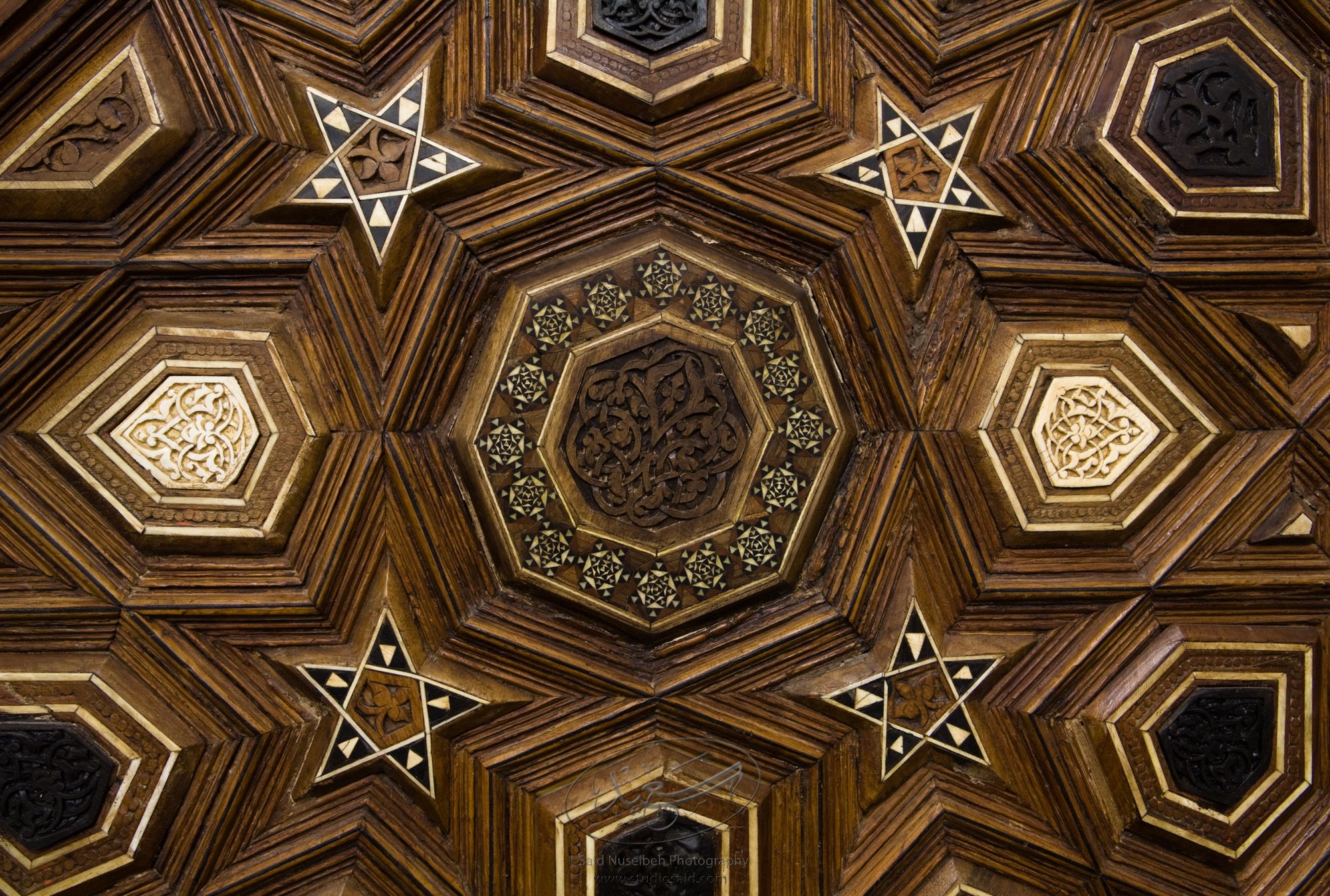 "Minbar, Carved Woodwork and Inlay Detail"The late-13th / early-14th c. Mamluk minbar, or pulpit, of Sultan al-Nasir Muhammad, the ninth Mamluk Sultan from Cairo and son of Qalawun. The minbar was located in the Umayyad Mosque in Aleppo, Haleb, prior to its damage and disappearance in May 2013.