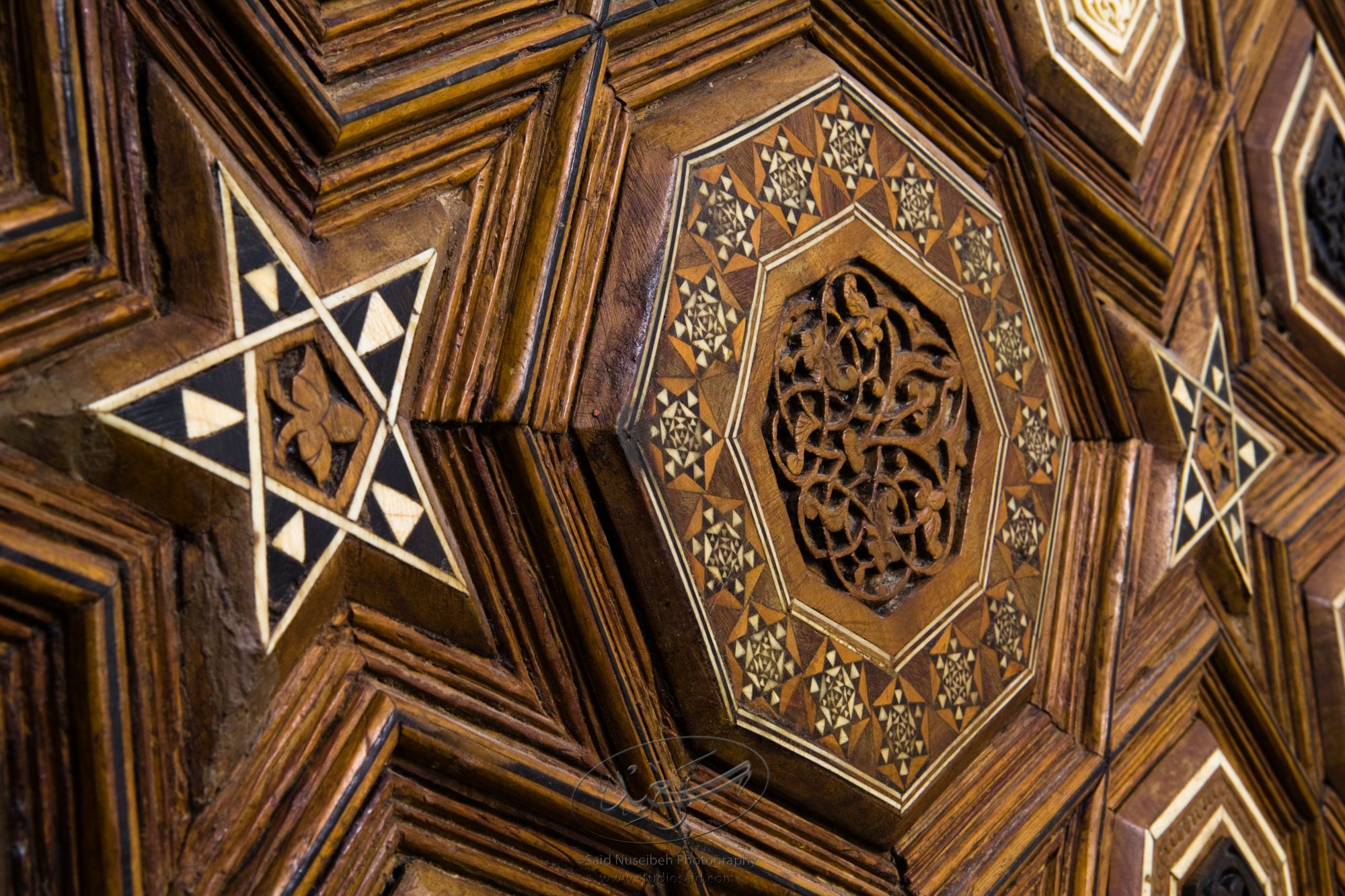 "Minbar, Carved Woodwork and Inlay Detail"The late-13th / early-14th c. Mamluk minbar, or pulpit, of Sultan al-Nasir Muhammad, the ninth Mamluk Sultan from Cairo and son of Qalawun. The minbar was located in the Umayyad Mosque in Aleppo, Haleb, prior to its damage and disappearance in May 2013.