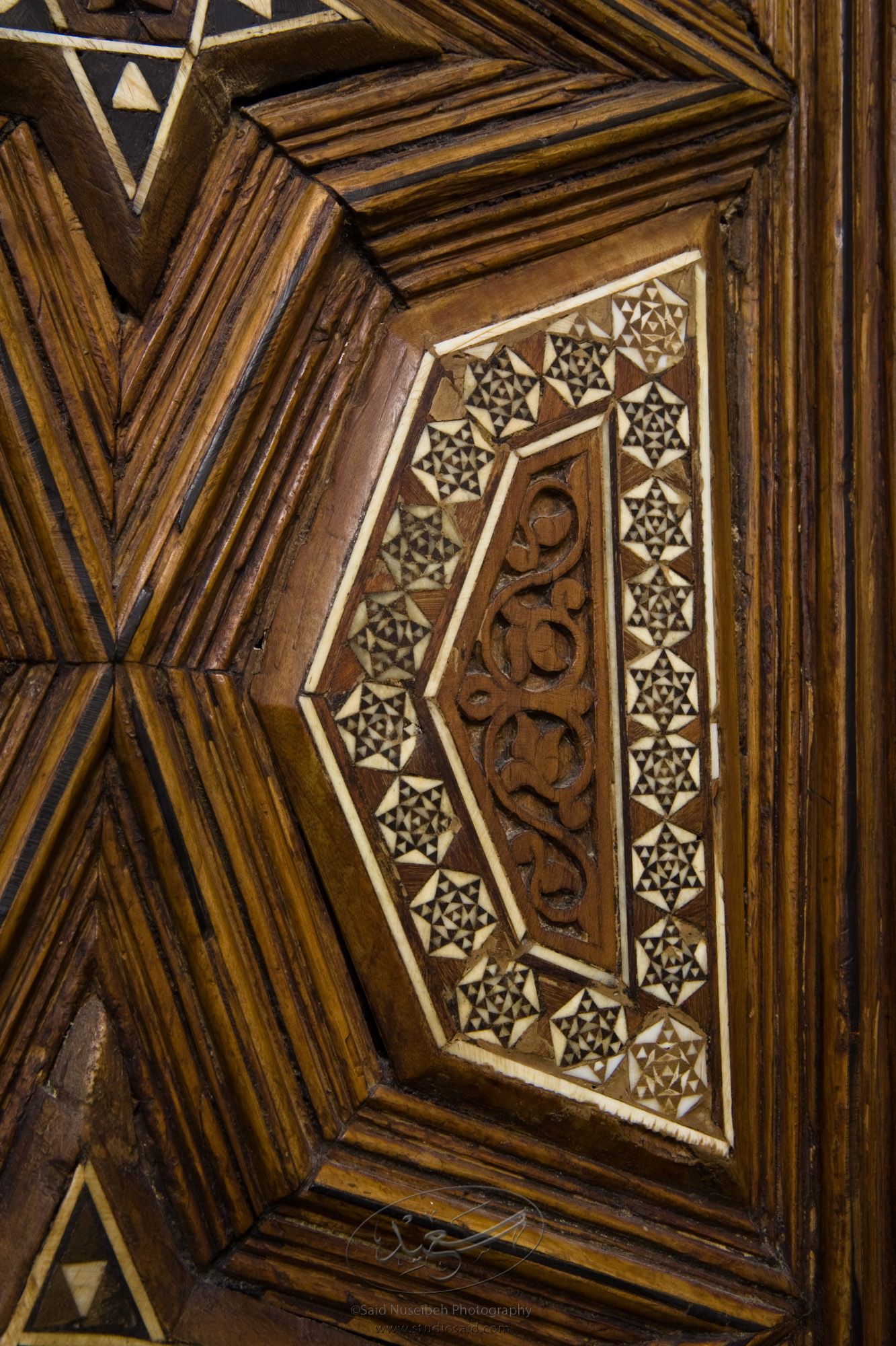 "Minbar, Carved Woodwork and Inlay Detail"The late-13th / early-14th c. Mamluk minbar, or pulpit, of Sultan al-Nasir Muhammad, the ninth Mamluk Sultan from Cairo and son of Qalawun. The minbar was located in the Umayyad Mosque in Aleppo, Haleb, prior to its damage and disappearance in May 2013.