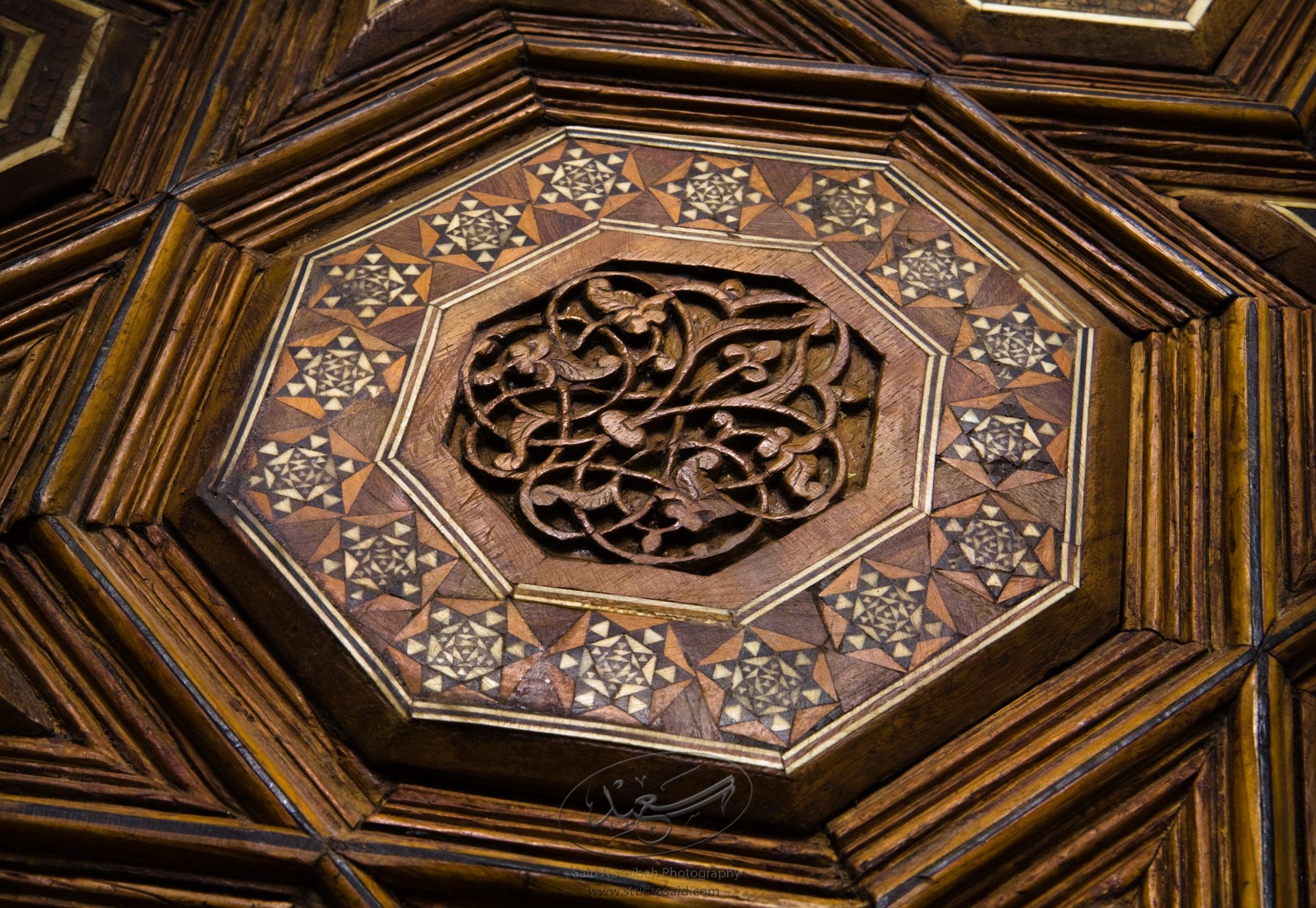 "Minbar, Carved Woodwork and Inlay Detail"The late-13th / early-14th c. Mamluk minbar, or pulpit, of Sultan al-Nasir Muhammad, the ninth Mamluk Sultan from Cairo and son of Qalawun. The minbar was located in the Umayyad Mosque in Aleppo, Haleb, prior to its damage and disappearance in May 2013.