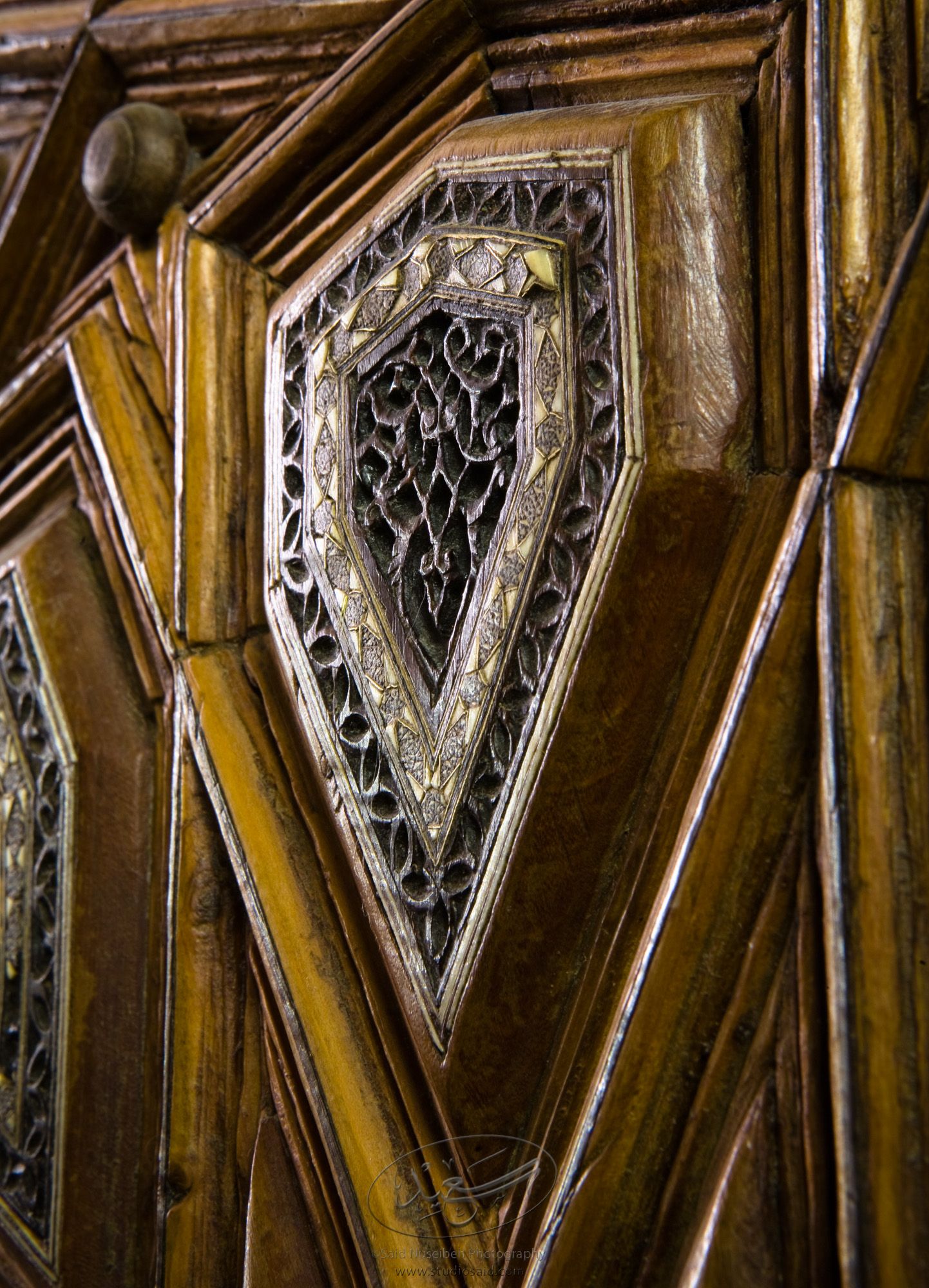 "Minbar, Carved Woodwork and Inlay Detail"The late-13th / early-14th c. Mamluk minbar, or pulpit, of Sultan al-Nasir Muhammad, the ninth Mamluk Sultan from Cairo and son of Qalawun. The minbar was located in the Umayyad Mosque in Aleppo, Haleb, prior to its damage and disappearance in May 2013.