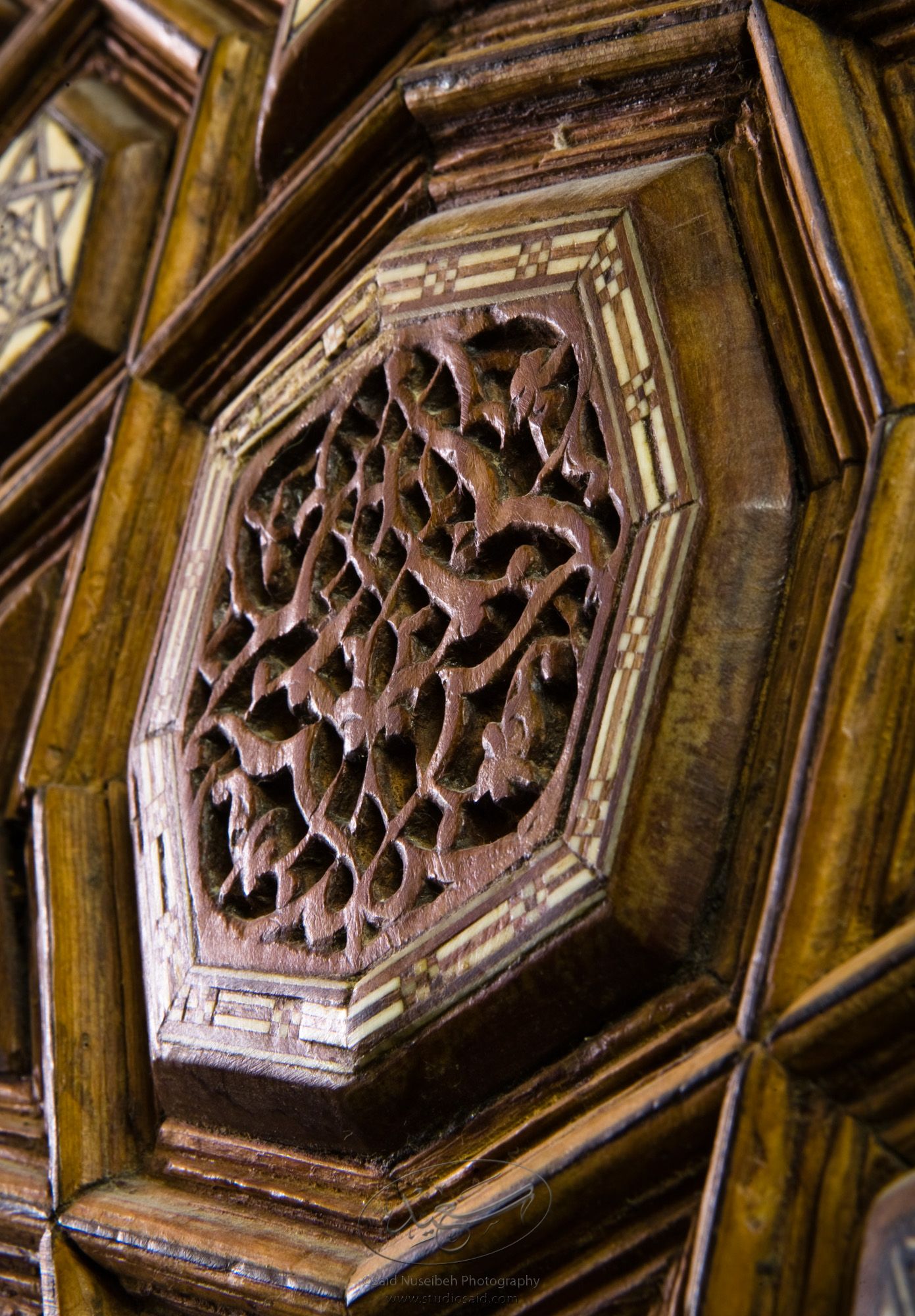 "Minbar, Carved Woodwork and Inlay Detail"The late-13th / early-14th c. Mamluk minbar, or pulpit, of Sultan al-Nasir Muhammad, the ninth Mamluk Sultan from Cairo and son of Qalawun. The minbar was located in the Umayyad Mosque in Aleppo, Haleb, prior to its damage and disappearance in May 2013.