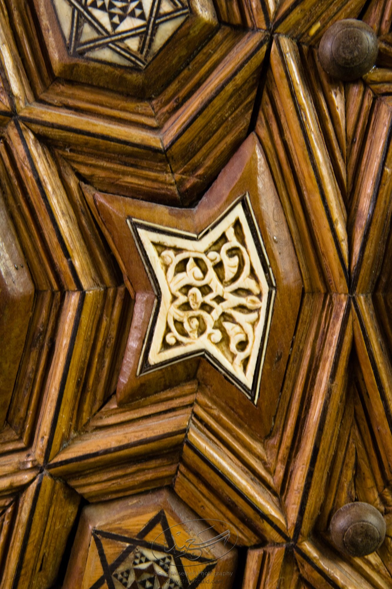 "Minbar, Carved Woodwork and Inlay Detail"The late-13th / early-14th c. Mamluk minbar, or pulpit, of Sultan al-Nasir Muhammad, the ninth Mamluk Sultan from Cairo and son of Qalawun. The minbar was located in the Umayyad Mosque in Aleppo, Haleb, prior to its damage and disappearance in May 2013.