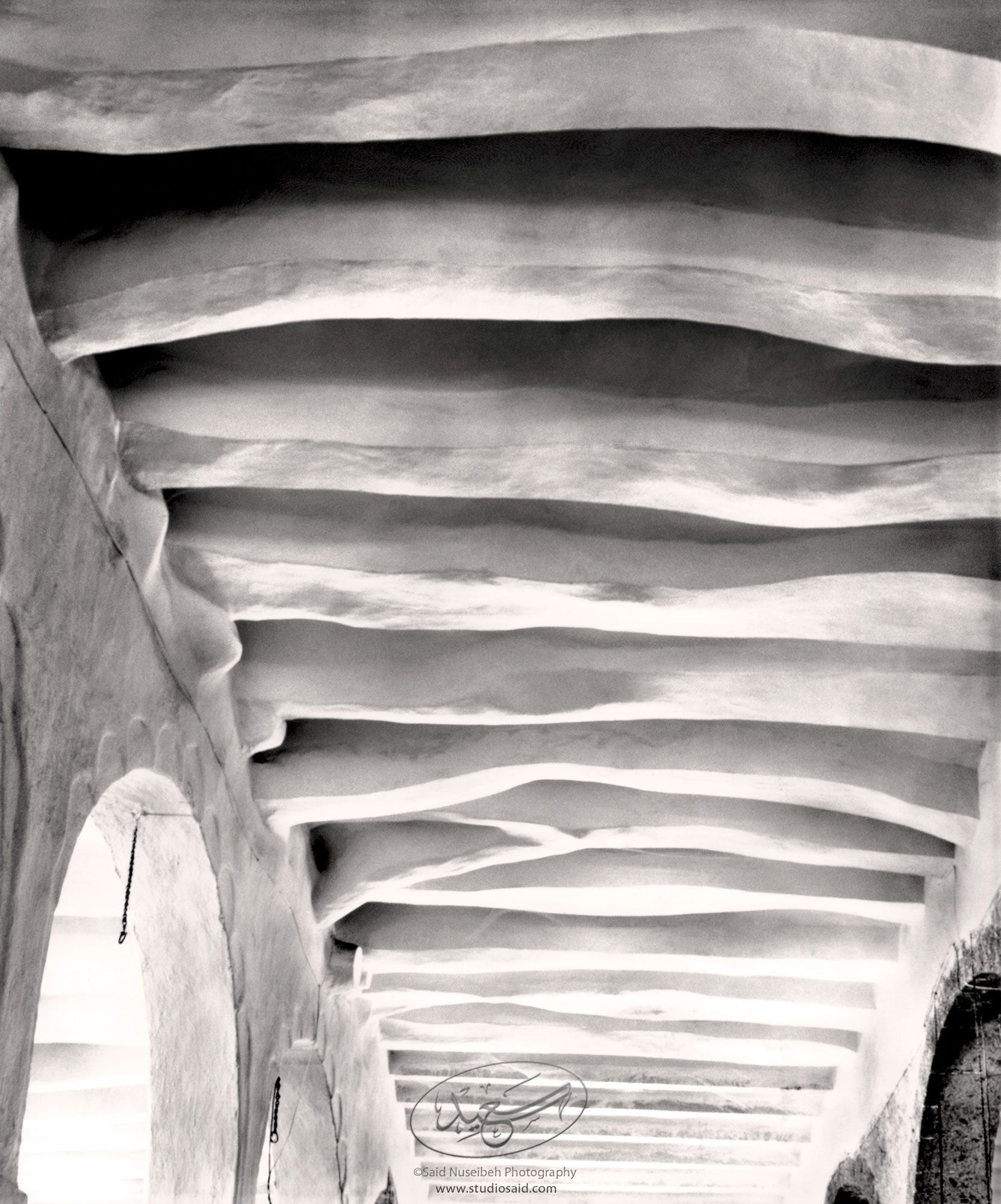 Fluid organic curvilineal forms of the old rafters. Note the new machined rafters to rear.